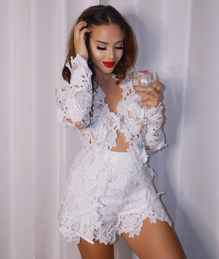 Women Clothing Lace Lace Long-Sleeved Blouse Pants Nightclub