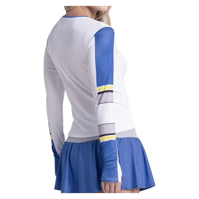 Women's Bold Statement Long Sleeve Tennis Top White and Parisian Blue, Lucky In Love, Tennis Express, CX205-33H110-1