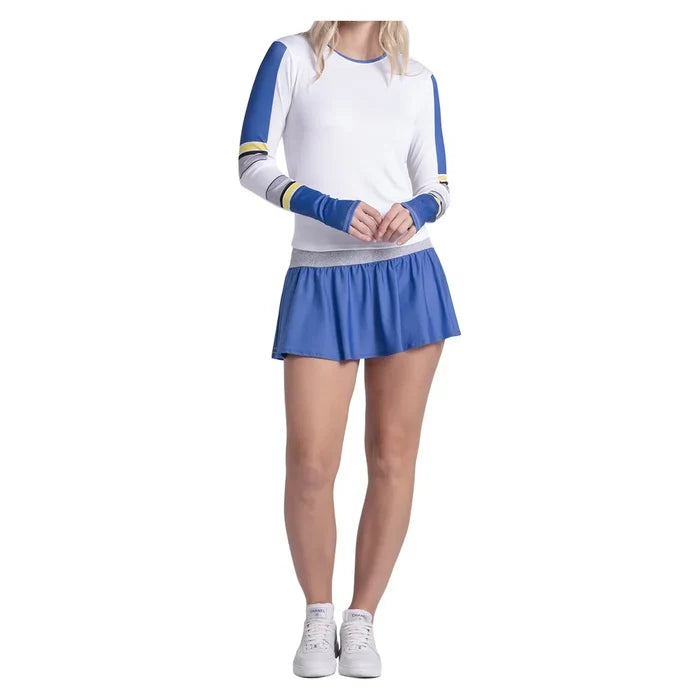 Women's Bold Statement Long Sleeve Tennis Top White and Parisian Blue, Lucky In Love, Tennis Express, CX205-33H110-3