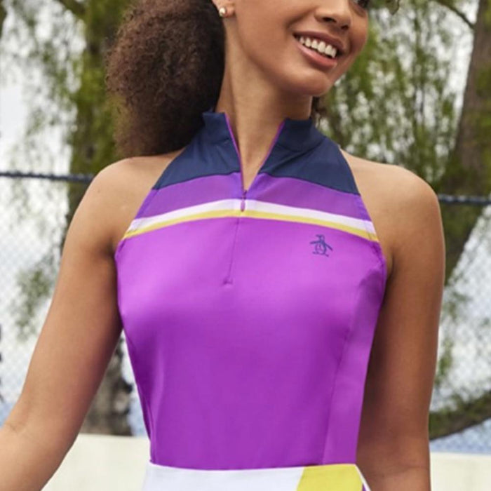 Womens Color Block Zip Halter Tank Purple Cactus Flower