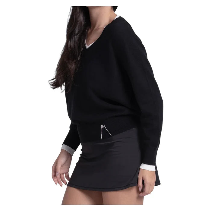 Women's Double V-Neck Sweater Black, Lucky In Love, Pickleball Express, CX196-44J001-2