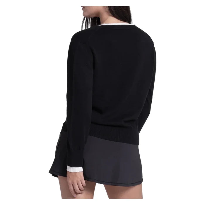 Women's Double V-Neck Tennis Sweater Black, Lucky In Love, Tennis Express, CX196-44J001-1