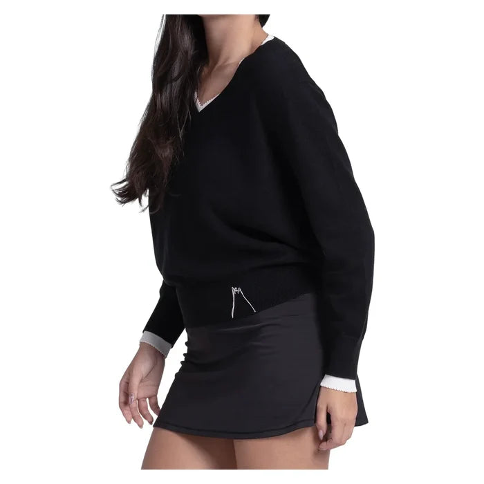 Women's Double V-Neck Tennis Sweater Black, Lucky In Love, Tennis Express, CX196-44J001-2