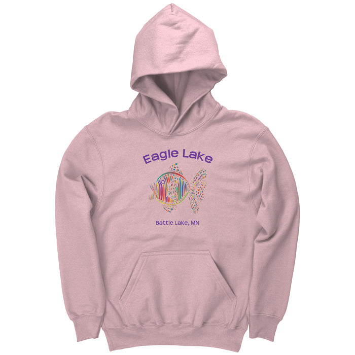 Youth Hoodie, Eagle Lake, Colorful Fish, BL Purple Text