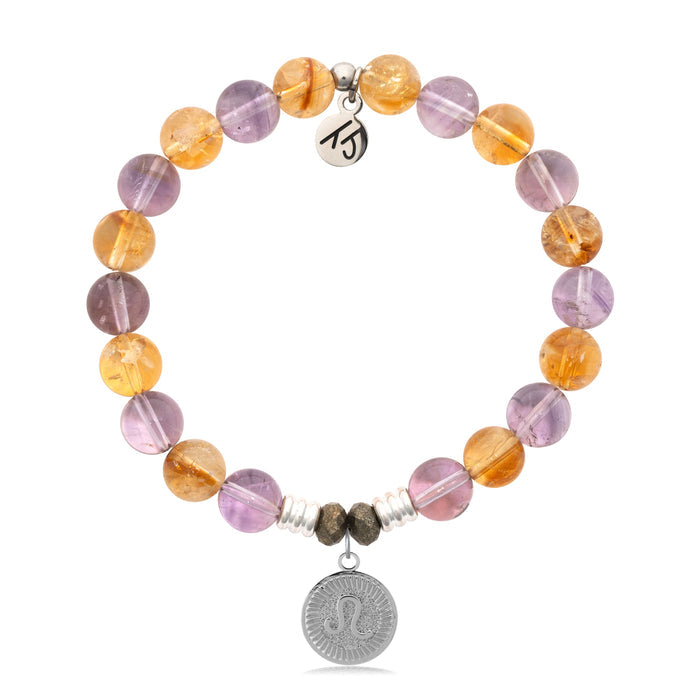 Zodiac Collection: Amethyst Citrine Gemstone Bracelet with Leo Sterling Silver Charm