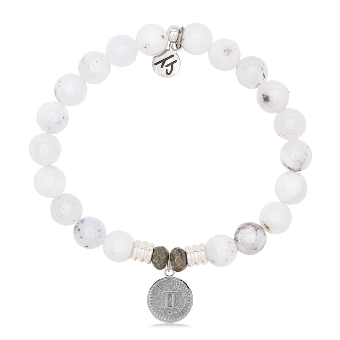 Zodiac Collection: White Chalcedony Gemstone Bracelet with Gemini Sterling Silver Charm